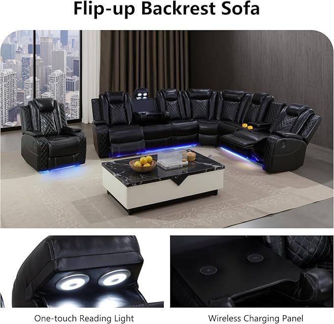 Air Leather Recliner Sectional Sofa Set, Power Reclining Sectional Couch for Living Room, L Shaped Recliner Corner Couch and Single Chair with LED Lighting, USB Port&Storage (Black)
