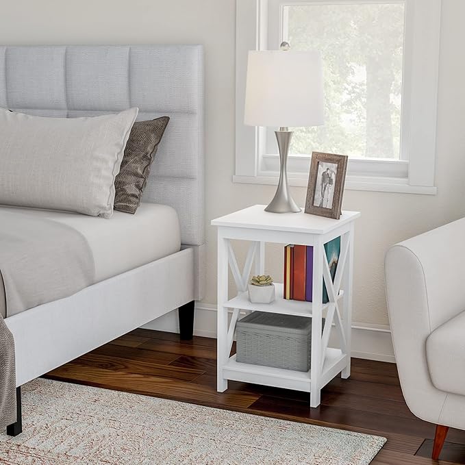 Wooden End Table - Modern Style Sofa Side Table with X-Leg Design and Two Shelves - Small Furniture for Living Room or Bedroom by Lavish Home (White)