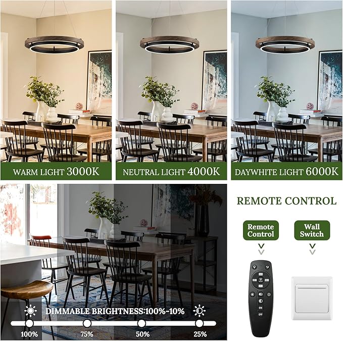 LED Ring Chandelier Modern Round LED Pendant Light 24in Walnut Wood & Black Chandelier Dimmable Ceiling Pendant Light Fixtrure for Dining Room Entry Kitchen Island Bedroom Living Room