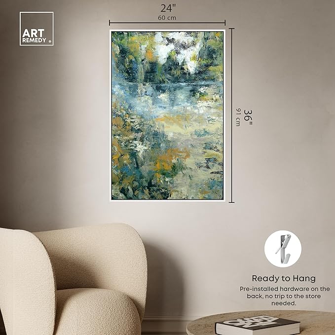 Art Remedy Green Moss Monet Garden Green Abstract Canvas Wall Art, White Floater Frame, 24"x36"