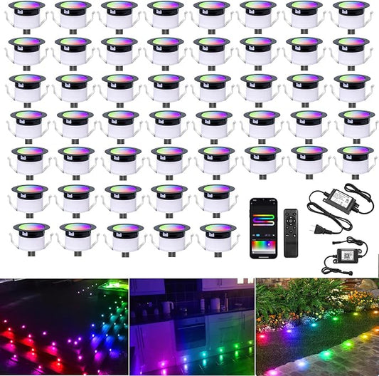 LED Deck Lights Kit, 50 Pack 1.77" RGBW+IC Multicolor Dynamic Low Voltage Recessed Landscape Lights, IP67 Waterproof 12V Step Light Outdoor for Garden Yard Path Ground Stairs, Work with Alexa/Google