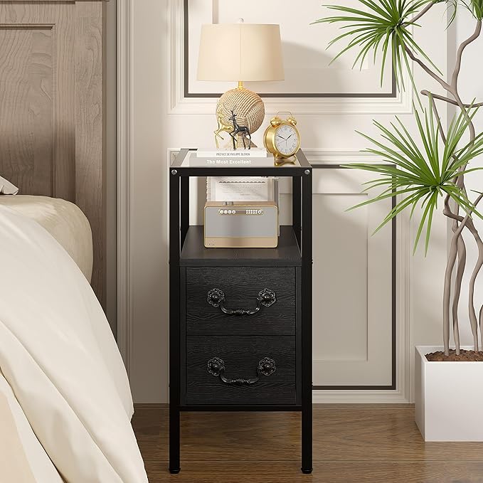 VECELO Narrow Side Table, Night Stand Sofa Table with Glass Top,Bedside End Tables with Storage Drawers,Wood Nightstand for Small Spaces Living Room Bedroom,Black