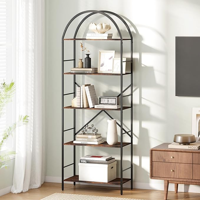 Arched Tall Bookshelf, 5 Tier Narrow Bookcase, Display Stand Book Shelf, Wide Bookshelves with 4 Hooks for Living Room, Home Office, Black and Brown