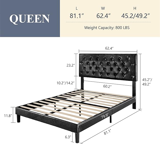 Allewie Queen Size Platform Bed Frame, Adjustable Faux Leather Headboard with Diamond Stitch and Button Tufted, Sturdy Wood Slats, Easy-Assembly, No Box Spring Needed, Deep Black