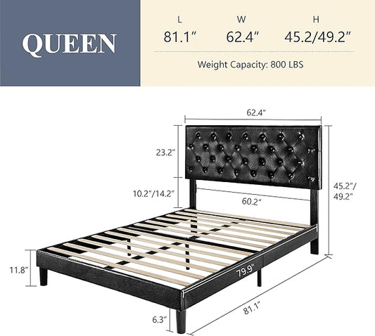 Allewie Queen Size Platform Bed Frame, Adjustable Faux Leather Headboard with Diamond Stitch and Button Tufted, Sturdy Wood Slats, Easy-Assembly, No Box Spring Needed, Deep Black