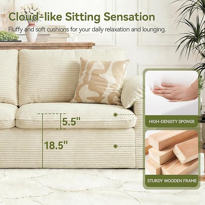 86" Loveseat Sofa Beige Corduroy Couch,Modern Cloud Sofa Love Seat, Deep Seat Slipcovered Sofa with 2 Wide Armrest Pillows for Small Spaces Apartment Studio Office Bedroom Living Room