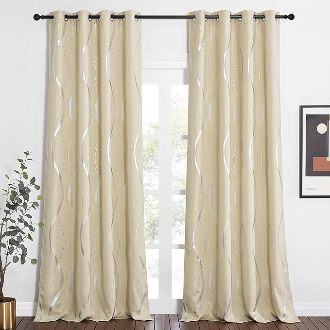 NICETOWN Extra Long Blackout Curtains for Large Window, Biscotti Beige, 2 Panels, 52" by 102", Foil Printed Wave Lines Energy Saving Thermal Insulated Draperies for Kids Nursery Boys Bedroom