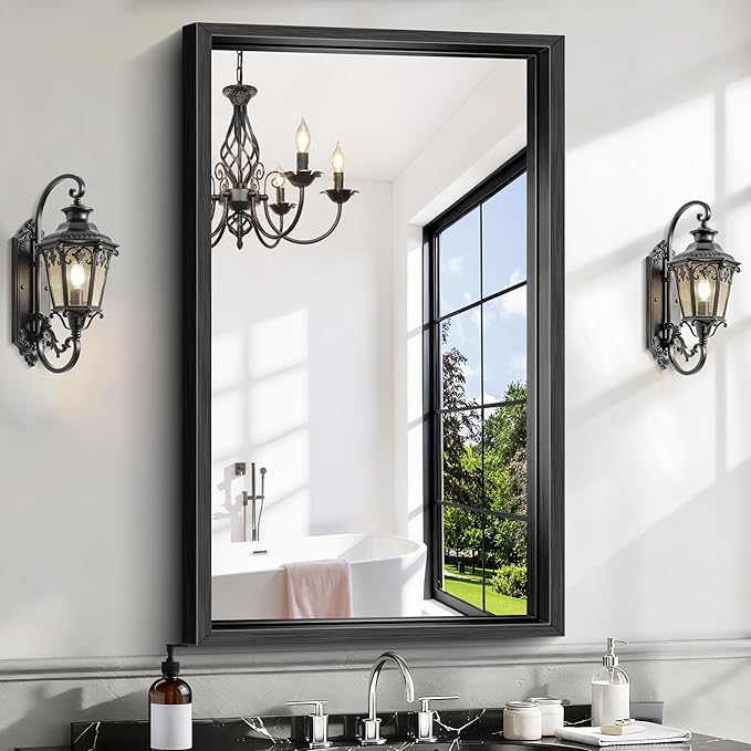 CIRCUMI 24"x40" Black Mirror with Chunky Box Metal Frame, Brushed Finish Rectangular Bathroom Mirrors for Over Sink, Living Room, Entryway, Tempered Glass Mirror for Wall, Vertical or Horizontal