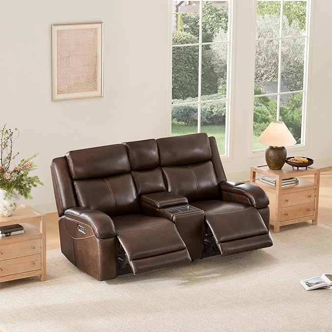 Watson & Whitely Genuine Leather Power Loveseat Recliner Sofa, Wall Hugger Loveseat Reclining Sofa with Storage Console, Power Headrest, Cup Holders, Dual Recliners for Living Room, RV, Dark Brown