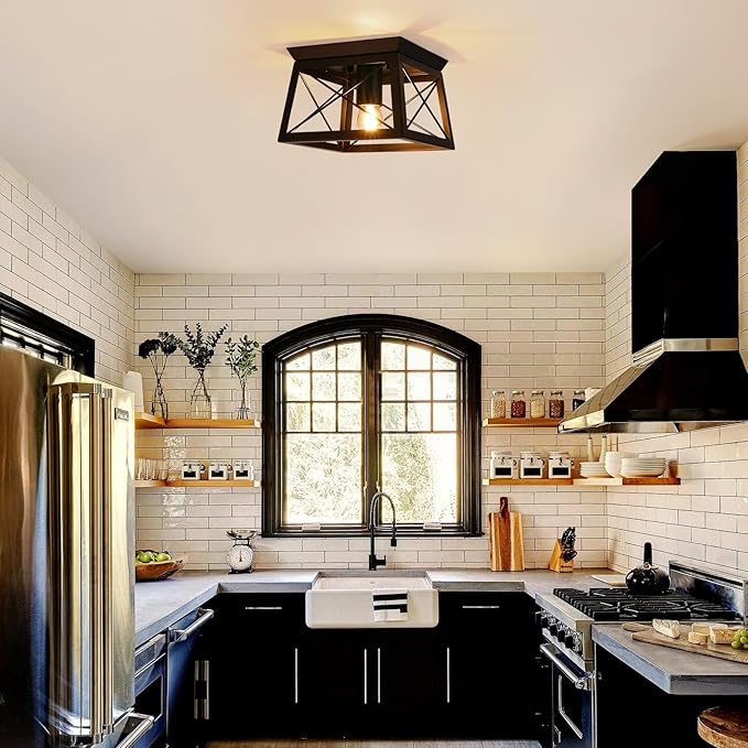 Farmhouse Ceiling Light Fixtures Black Flush Mount Ceiling Light 1-Light Industrial Metal-Framed Ceiling Lights, Rustic Flush Mount Ceiling Light for Hallway Kitchen Foyer Laundry Bedroom