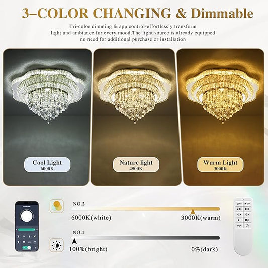 30" Sliver Crystal LED Ceiling Light Fixture with Remote Control,Large Flush Mount Chandelier with 3-Color Dimmable for Living Room Bedroom Dining Room