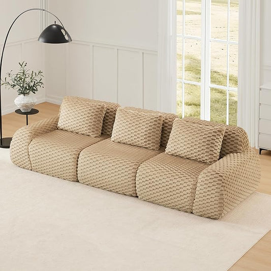 KEIKI 114" Oversized 3-Seater Boneless Couches for Living Room, Flexible Modular Sectional Velvet Sofa, Deep Seat Soft Cushion Lounge Couch No Assembly for Home, Modern Comfort Design, Light Camel