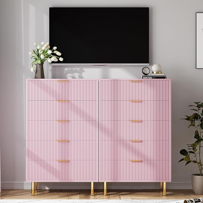 IDEALHOUSE Pink Dresser, Modern 5 Drawer Dresser for Bedroom with Gold Handle and Large Drawer, Wood Double Chest of Drawers and Storage Organizer for Living Room, Hallway, Entryway