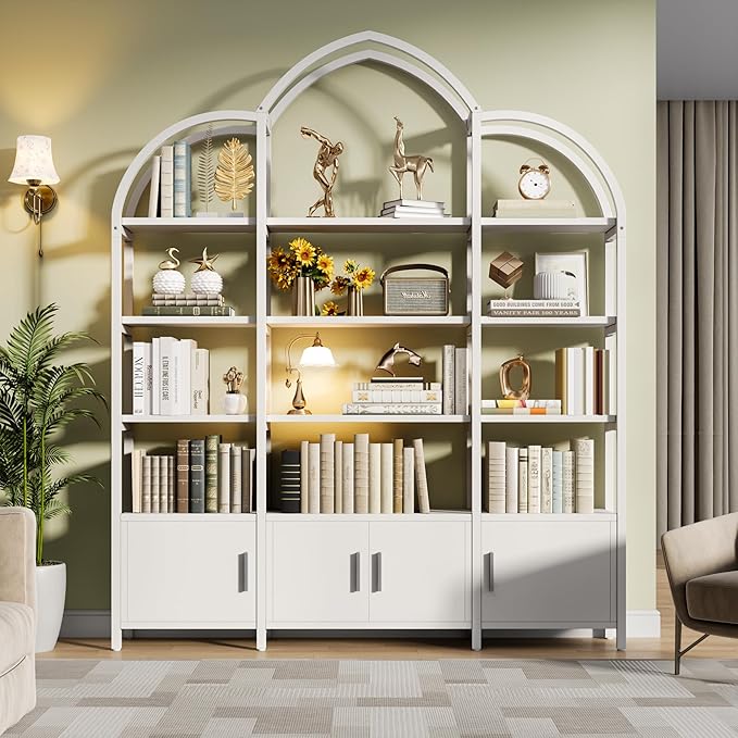 Tall Arched Bookshelf and Bookcase with 3 Cabinets, Triple Wide 5 Tier Industrial Etagere Open Bookshelf, Wood Book Shelf for Bedroom Living Room (White)