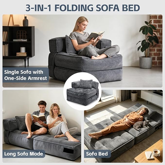 Folding Sofa Bed Chair with Armrests, Convertible Futon Couch Sleeper Chair for Adults, Fold Out Boneless Chair Bed, Foldable Sofa Lounge for Small Spaces, with Pillow, Dark Grey