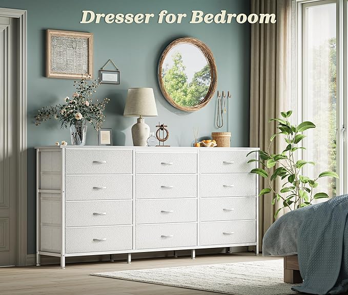 PRAISUN 63 Inch Long Dresser TV Stand for 65, 70 Inch TV, 12 Drawer Dresser for Closet, Bedroom, Large Fabric Drawers, Entryway Hallway Chest of Drawers, Wooden Top, Media Console, PU Leather, White
