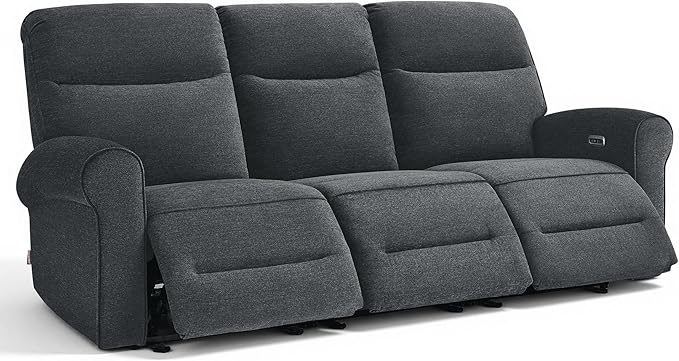 MCombo 87.8" Wall Hugger Power Reclining Sofa, 3-Seat Triple Recliner Couch with USB Ports, Rolled Arm Space Saving Recliner Sofa for Living Rooms Apartments RV, Fabric PR635M5 (Dark Grey) | 1.4" Wall Clearance