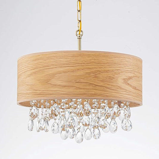 4-Light Drum Wood K9 Crystal Chandeliers, Nature Boho Style Pendant Light Fixture for Dining Room, Living Room, D18 x 21~68"(Adjustable), Solid Wood Lampshade & Gold Finish