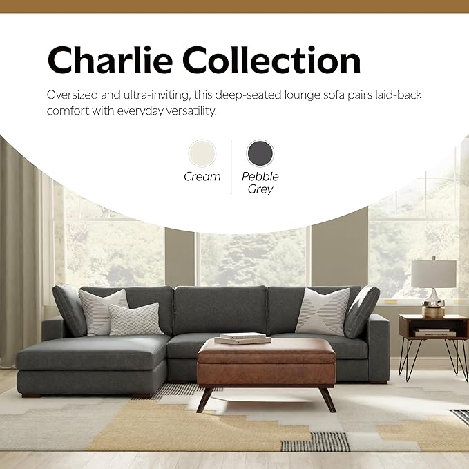 SIMPLIHOME Charlie Left-Facing Sectional Sofa in 100% Recycled Polyester Tightly Woven Performance Fabric, Pebble Grey, 122-inches Wide, Handcrafted Contemporary Style L-Shaped Couch with Chaise