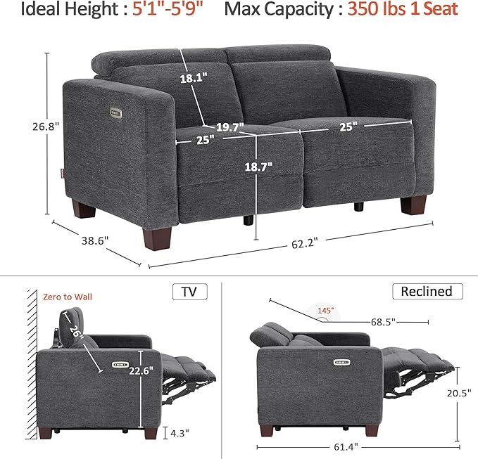 MCombo 62.2'' Reclining Loveseat, Wall Hugger Power Loveseat Recliner Sofa with Adjustable Headrest, USB A & C Charge Ports, Wood Legs, for Living Room (Fabric, HL198M1) (Dark Grey)