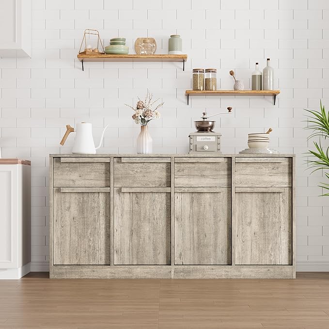 GarveeHome Sideboard Buffet Cabinet with 4 Drawers, 62.4 in Large Coffee Cabinet with Storage, Modern Storage Buffet Table for Kitchen Dining Room, Living Room (Grey, 4 Doors & 4 Drawers)