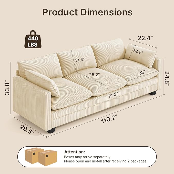 Gizoon 3 Seater Couches for Living Room, Cloud Sleeper Sofa with Double Cushion Corduroy Deep Seat Sofa Couches with 2 Pillows for Living Room Bedroom and Apartment,Pet-Friendly Fabric, Beige