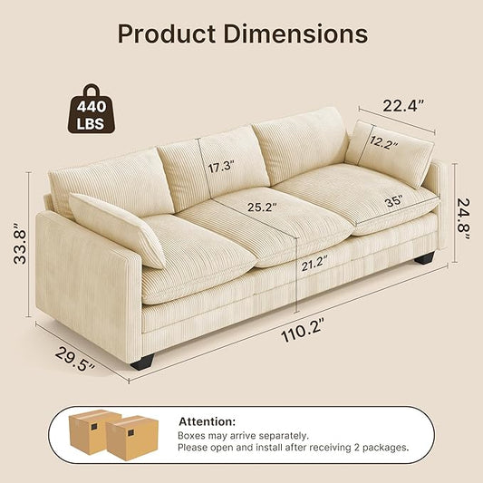 Gizoon 3 Seater Couches for Living Room, Cloud Sleeper Sofa with Double Cushion Corduroy Deep Seat Sofa Couches with 2 Pillows for Living Room Bedroom and Apartment,Pet-Friendly Fabric, Beige