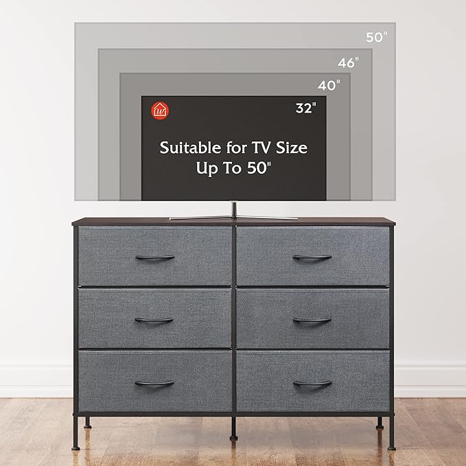 WLIVE Dresser for Bedroom with 6 Drawers, Wide Dresser TV Stand for 50 Inches TV, Gray Dresser with Metal Frame, Wooden Top, Fabric Dressers for Bedroom, Living Room, Hallway, Dark Gray