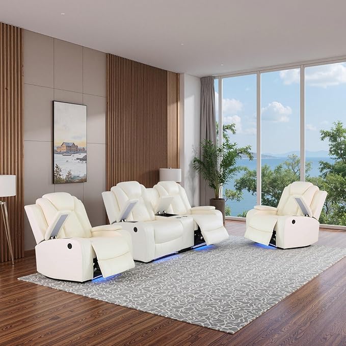 Power Leather Recliner Sofa Set with LED Light,Reclining Loveseat and 2*Chairs Set with Storage Console/USB Port/Cup Holder,Leather Couch for Living Room Furniture Sets(2+1+1 Seats,Creamy)