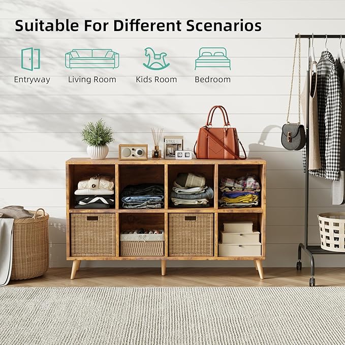 8-Cube Bookshelf 2 Tier Retro Bookcase with Legs, 11in Shelf Opening, 47" Wood Bookshelves Storage Organizer Shelf, Freestanding Open Book Shelves for Bedroom Living Room Office, Vintage Brown
