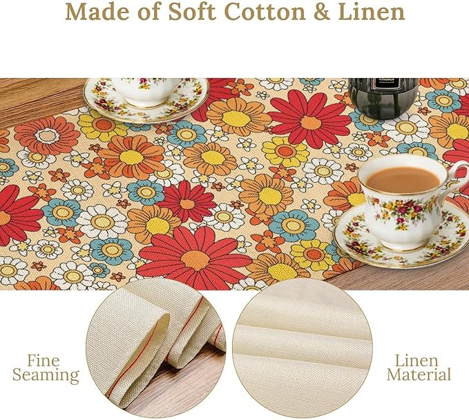Hippie Floral Table Runner Groovy 1970s Vintage Colorful Rural Flower Retro Floral Printed Table Runner for Living Room Kitchen Dining Table Decoration 13x70in