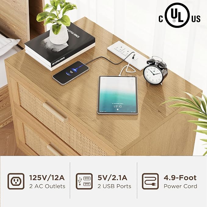 Rovaurx Rattan Nightstand with 2 Drawers, 23.6" Wide Bedside Table Night Stand with Charging Station, End Table for Bedroom, Boho Side Table with Solid Wood Legs for Bedroom, Modern Natural RCTG111ME