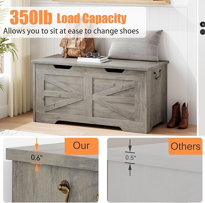 IDEALHOSUE 39.4" Storage Chest, Wooden Storage Bench with Safety Hinge, Retro Blanket Storage Trunk for Entryway, Living Room, Supports 350 lb, Gray