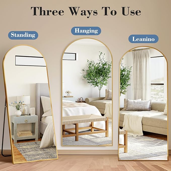 DUMOS Arched Full Length Mirror with Stand Floor Standing Aluminum Frame for Bedroom Body Hanging Leaning Modern Simple Home Decor Shatter-Proorf Nano Glass Wall Living Room Cloakroom Gold 65"x24"