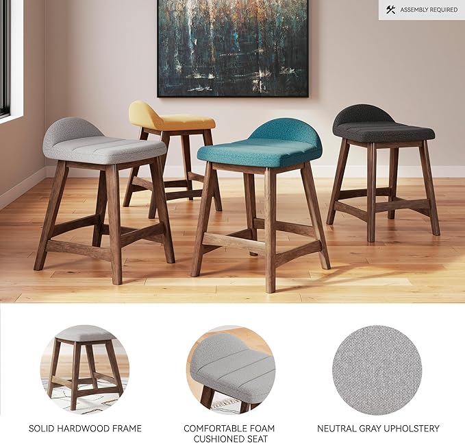 Signature Design by Ashley Lyncott Contemporary Counter Height Upholstered Bar Stool with Foam Cushion, Set of 2, Fabric Upholstery, 24.25", Light Gray & Brown