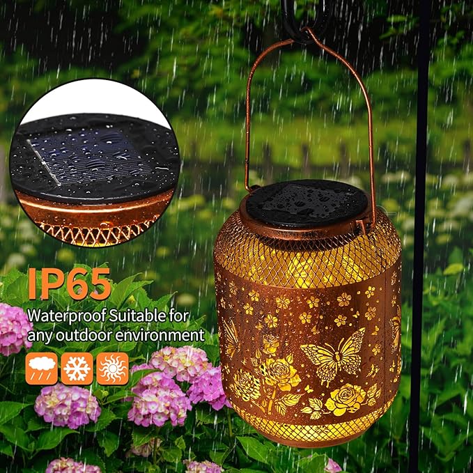 2 Pack Butterfly Solar Lanterns Outdoor Waterproof Rose Garden Decor Gifts for Mom Women Grandma Metal Hanging Solar Lights Outdoor Decoration for Patio,Yard,Porch,Backyard