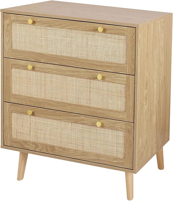 Anmytek 3 Drawer Dresser for Bedroom, Rattan Dresser Modern Wood Chest of Drawers with Spacious Storage for Bedroom Hallway Living Room, Rustic Oak, H0027