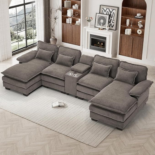 133" Oversized U Shaped Cloud Couch Modular Sectional Couches for Living Room Comfy Chenille Deep Seat Sofa Set with Double Chaise Lounge, Storage Central Console, Cup Holders, USB Port, Stone Grey