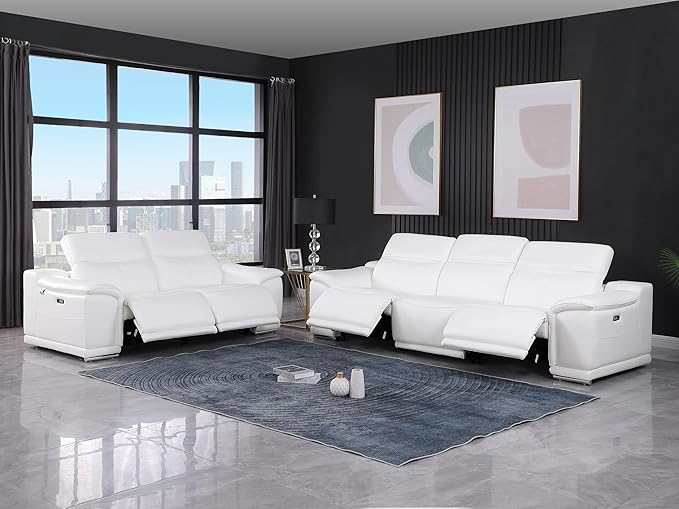 BlackJack Furniture Venice Top Grain Italian Leather Recliner 5 Seater 4 Power Reclining Seater 2 Piece Sofa Set with Adjustable Headrests Modern Seating Sofa and Loveseat for Living Room , White
