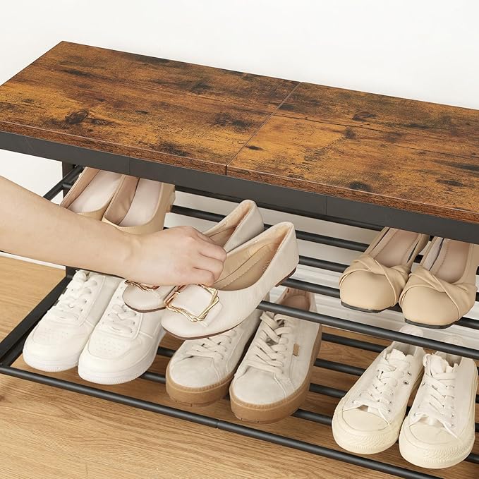 HOOBRO Shoe Bench, 3-Tier Shoe Rack, Industrial Shoe Organizer Storage Bench with Wooden Top, Holds Up to 300 lb, 11.2 x 29.5 x 19.1 Inches, for Entryway, Bedroom, Rustic Brown and Black BF76HX01