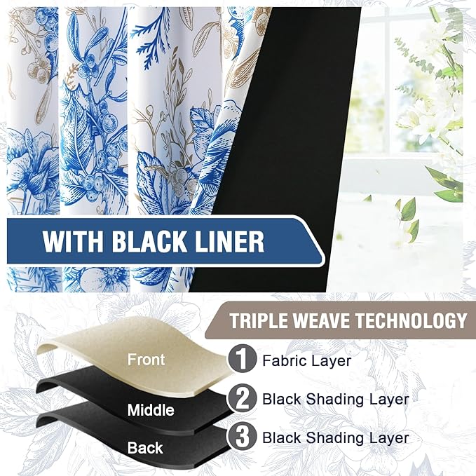 H.VERSAILTEX 100% Blackout Curtains 108 inch Length 2 Panels Vintage Floral Printed Drapes Back Tab/Rod Pocket Thermal Panels for Bedroom with Black Liner Light Blocking Curtains, Blue and Wheat