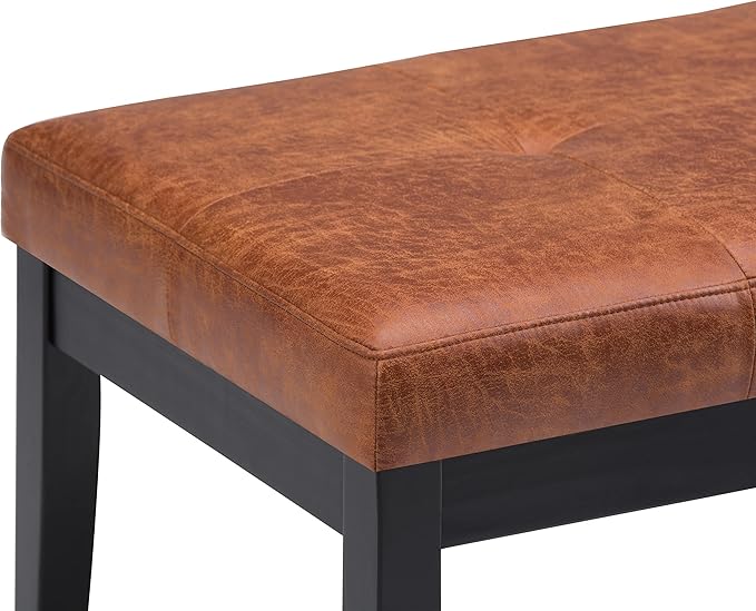 SIMPLIHOME Lacey Tufted Ottoman Bench - 41 inch Wide Upholstered Vegan Leather Rectangle Ottoman in Distressed Saddle Brown, Contemporary Bench for Bedroom or Entryway with Stitching Detail, Assembled