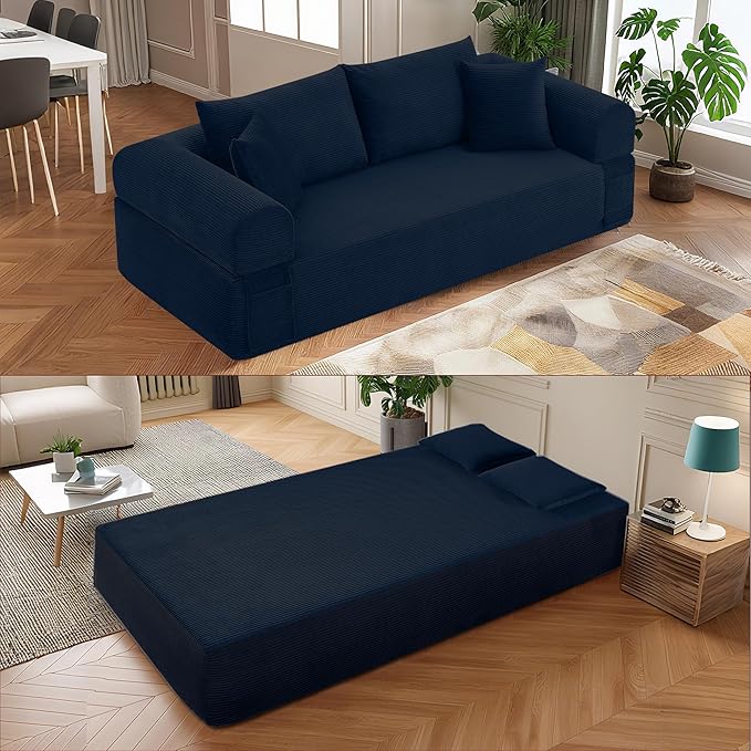 83" Modern Sofa in a Box, No Assembly Oversized 3 Seater 28" Deep Seat Cloud Sofa Bed Couch with 4 Furry Pillows & Corduroy Fabric, Boneless Couch with Side Storage Pockets for Living Room, Navy Blue