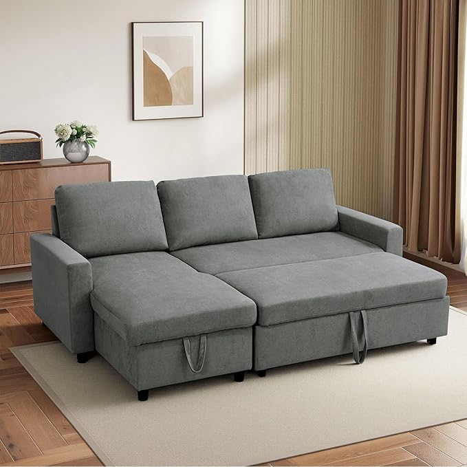 Yafylly L-Shaped Sleeper Sofa with Chaise Lounge & Storage, Pull-Out Couch Bed with Recliner, Full Size Futon for Living Room, Office, Apartment Dark Grey