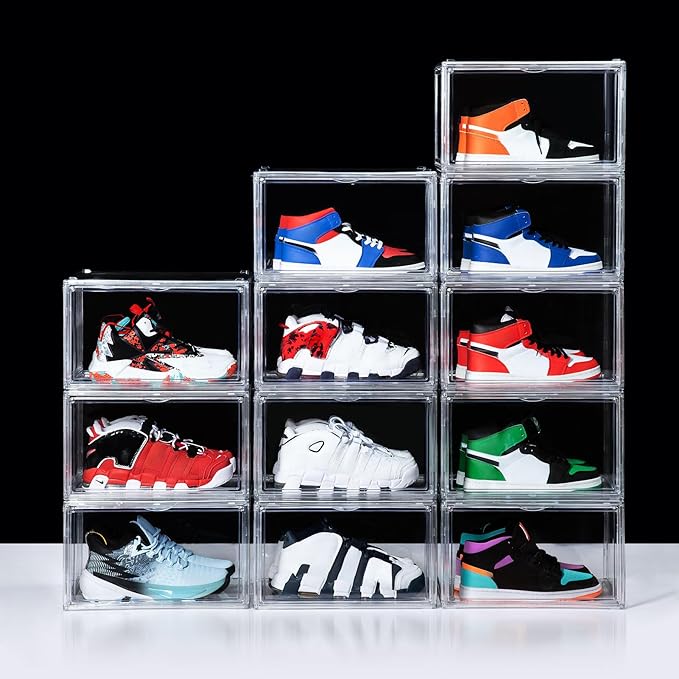 12 Pack Shoe Boxes, Clear Acrylic Stackable Plastic Sneaker Box Container, Magnetic Drop & Side Open Shoe Organizer Case Container With Lids Fits Up to Size 15(Transparency)