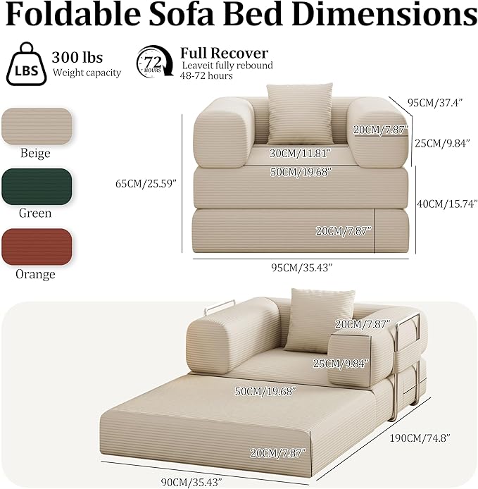 BSHOMGI Folding Sofa Bed, 2 in 1 Convertible Sofas to Lounger Comfy Single Bean Bag Chair Floor Portable Foldable Sleeper Lazy Futon Couch Chair for Bedroom, Living Room (Beige, 35.43" Single Sofa)