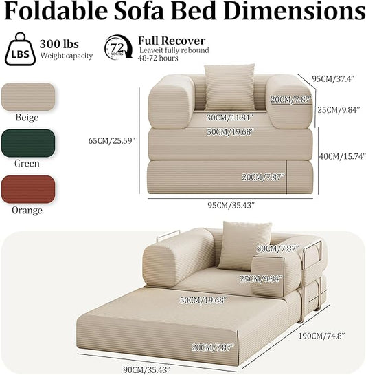 BSHOMGI Folding Sofa Bed, 2 in 1 Convertible Sofas to Lounger Comfy Single Bean Bag Chair Floor Portable Foldable Sleeper Lazy Futon Couch Chair for Bedroom, Living Room (Beige, 35.43" Single Sofa)