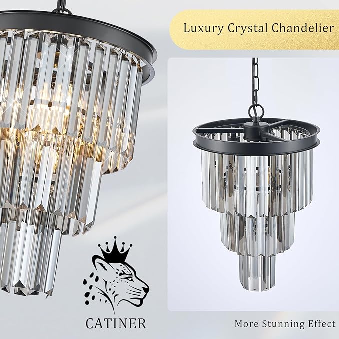 3 Tiers Black Crystal Pendant Light, Mini Smoke Gray K9 Crystal Chandelier Modern Pendant Light Fixture for Kitchen Island Dining Room Hallway Bedroom Closet