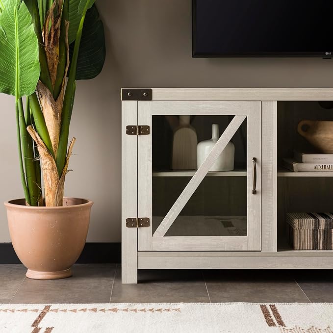 Walker Edison Wesley Modern Farmhouse Glass Door TV Stand for TVs up to 65 Inches, 58 Inch, Stone Grey, Without Fireplace