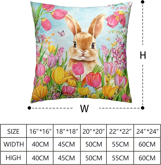 Easter Bunny Pillow Covers 22x22 Set of 2 Lovely Rabbit with Tulip Throw Pillow Covers Spring Pillow Case Floral Cotton Blend Cushion Case for Easter Decor Sofa Patio Garden